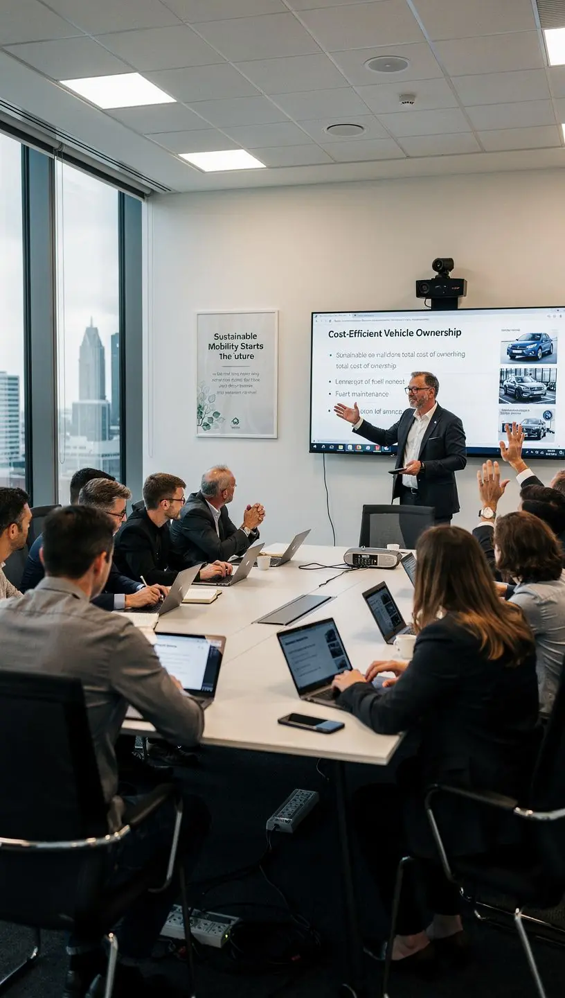 Teammeeting in einem deutschen Beratungszentrum zur Entwicklung praxisnaher Fahrzeugbesitzkonzepte.